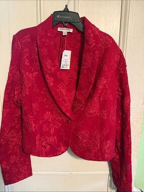 Shelby & Palmer Women’s Red Floral Jacquard Shawl-Collar Blazer